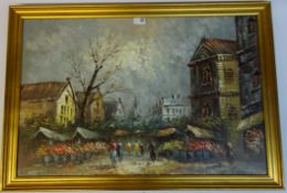 Parisian Street Scene with Flower Market, oil on canvas signed C Burnett, 49.