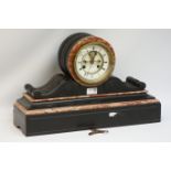 Black slate and marble late Victorian mantle clock, with drum head, white enamelled face,