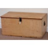 19th century waxed pine blanket box with hinged lid, W95cm, H46cm,