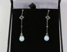 Pair of opal and marcasite pendant ear-rings stamped 925 Condition Report <a