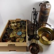 Vintage copper fire extinguisher, brass jam pans, wrought iron and copper scales,