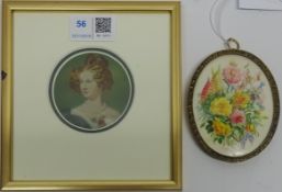 Bust Portrait and Still Life, two miniature paintings one signed M E Ryder H8.