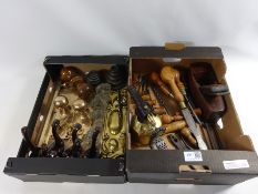 Brass, wood and glass handles and door plates, set of bakelite coat hangers, wood working tools,