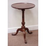 19th century mahogany tripod pedestal table, circular figured top, D47cm,