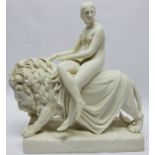 Parian ware nude lady mounted on standing lion - Una & the Lion from Spenser's The Faerie Queene,