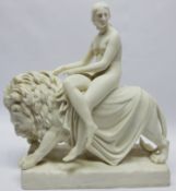 Parian ware nude lady mounted on standing lion - Una & the Lion from Spenser's The Faerie Queene,