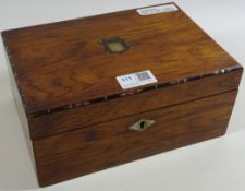 Victorian rosewood work box with accessories including a Charles Horner thimble Condition