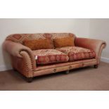Large Tetrad Eastwood four seat sofa, leather upholstery with Kilim chenille loose cushions,