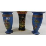 Pair 19th century Oriental blue ground vases and a Carltonware black chinoiserie vase (3)