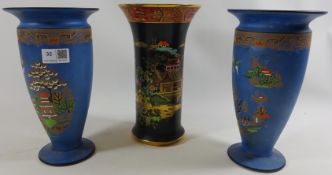 Pair 19th century Oriental blue ground vases and a Carltonware black chinoiserie vase (3)