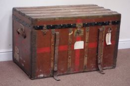 Late 19th century wood, metal and hessian bound travelling trunk, with the initials 'E.