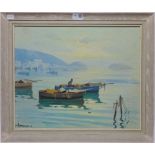 'Fishing Boats by The Coast' oil on board signed Romano 39cm x 48cm Condition Report
