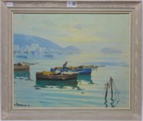 'Fishing Boats by The Coast' oil on board signed Romano 39cm x 48cm Condition Report