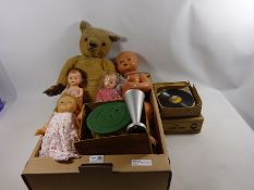 Child's German tinplate record player the 'Kiddyphone', vintage composite Pedigree doll,