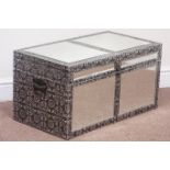 Embossed sheet metal and bevelled mirror blanket box with hinged lid.