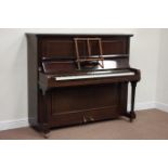 Early 20th century upright piano in mahogany case, iron framed and overstrung, W154cm, H132cm,