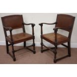 Pair early 20th century oak armchairs with upholstered seats and backs Condition Report