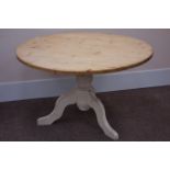 Circular pine top table on painted turned pedestal base fitted with three splay legs, D123cm,