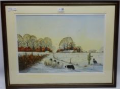 Shepherd with Dog in Winter, watercolour signed and dated Derek Grunwell 1991,