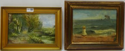 Rural River Scene with Figure, oil on board unsigned 17cm x 26cm and Child on a Beach,