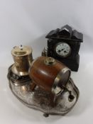Victorian slate mantle clock, oak barrel,