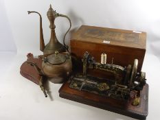 Frister and Rossmann sewing machine, early 20th century bellows, 19th century copper kettle,