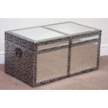 Embossed sheet metal and bevelled mirror blanket box with hinged lid.