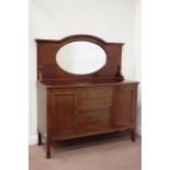 Edwardian mahogany oval bevelled mirror back sideboard fitted with two cupboard and four central