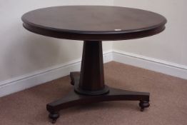 Victorian circular mahogany tilt top breakfast table, raised on octagonal column,