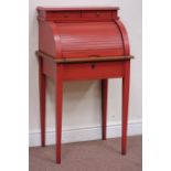 Cherry wood and red finish tambour roll bureau writing desk raised on square tapering legs, W57cm,