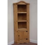 Stained pine open corner cabinet with cupboard below, W74cm,