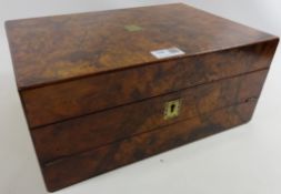 Victorian walnut correspondence box, hinged inset leather writing surface, fitted with inkwells,