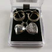 Double heart locket necklace and a pair hoop ear-rings all stamped 925 Condition Report