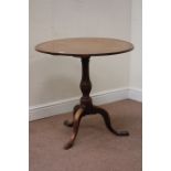 Georgian mahogany tripod table with circular tilt top, raised on turned vase column, D73cm,