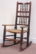 19th century country elm and beech rocking armchair with rush seat Condition Report