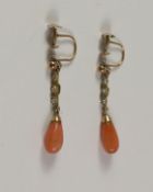 Pair of Victorian gold coral and seed pearl drop ear-rings stamped 9ct Condition Report