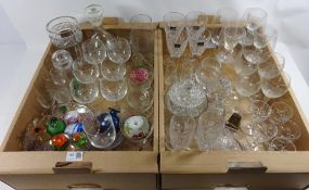 Coloured glassware, paperweights,