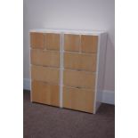 Two white gloss finish five drawer chests fitted with maple wood drawer fronts, W57cm, H120cm,