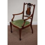 Late Victorian inlaid walnut armchair, upholstered serpentine seat,