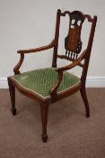 Late Victorian inlaid walnut armchair, upholstered serpentine seat,