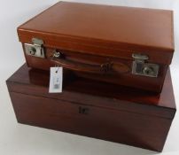 Victorian mahogany lap desk and a vintage small leather suitcase Condition Report
