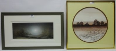 Moonlit landscape, oil painting indistinctly signed 15cm x 38cm, Landscape Scene,