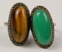 Tiger's eye and marcasite ring stamped silver and a similar green stone ring Condition
