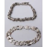 Flattened link heavy silver bracelet hallmarked and a silver overlink T bar bracelet stamped 925