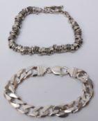 Flattened link heavy silver bracelet hallmarked and a silver overlink T bar bracelet stamped 925