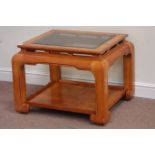 Chinese style pollard oak glass top lamp table with undertier, 73cm x 64cm,