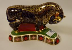 Royal Crown Derby Bull paperweight with gold stopper,