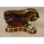 Royal Crown Derby Bull paperweight with gold stopper,