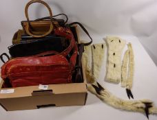A collection of ladies leather and other skin handbags and fur wraps Condition Report