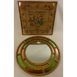 Victorian sampler and a 1930s circular mirror with coloured glass panels Condition